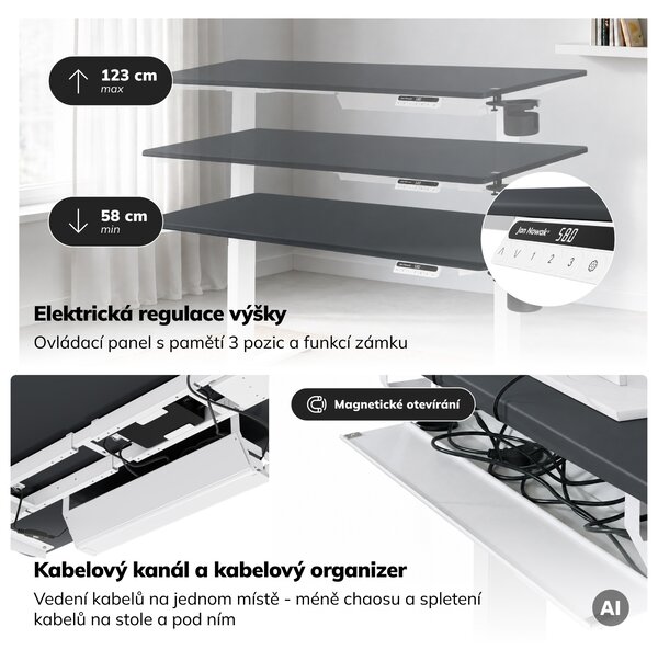 Elektrický stůl s nastavitelnou výškou ergonomický bílo-antracitový,1400x700 mm: ARIA