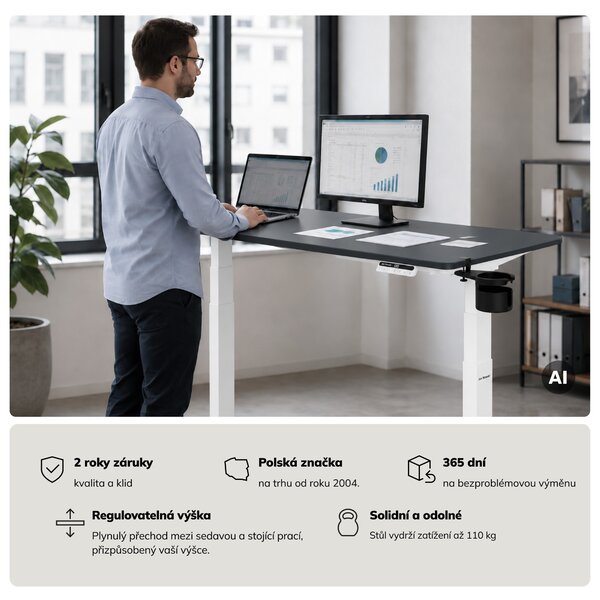 Elektrický stůl s nastavitelnou výškou ergonomický bílo-antracitový,1400x700 mm: ARIA