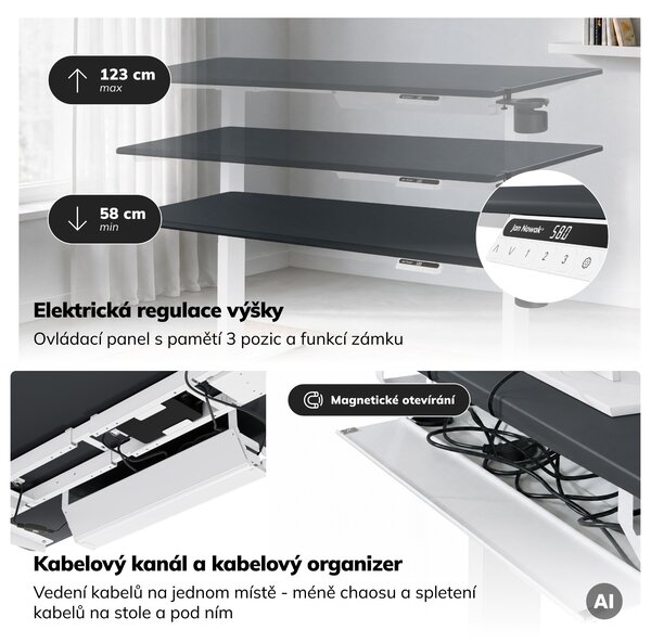 Elektrický stůl s nastavitelnou výškou ergonomický bílo-antracitový,1600x800 mm: ARIA