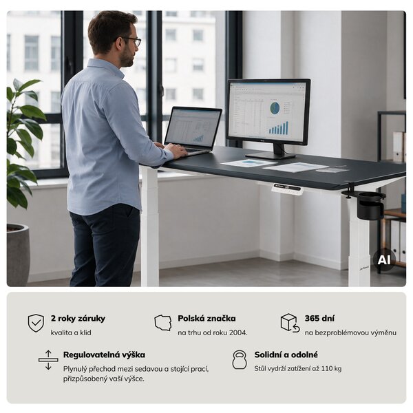Elektrický stůl s nastavitelnou výškou ergonomický bílo-antracitový,1600x800 mm: ARIA