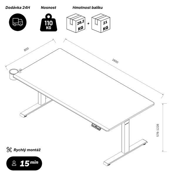 Elektrický stůl s nastavitelnou výškou ergonomický bílo-antracitový,1600x800 mm: ARIA