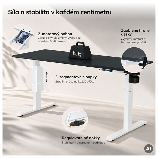 Elektrický stůl s nastavitelnou výškou ergonomický bílo-antracitový,1600x800 mm: ARIA