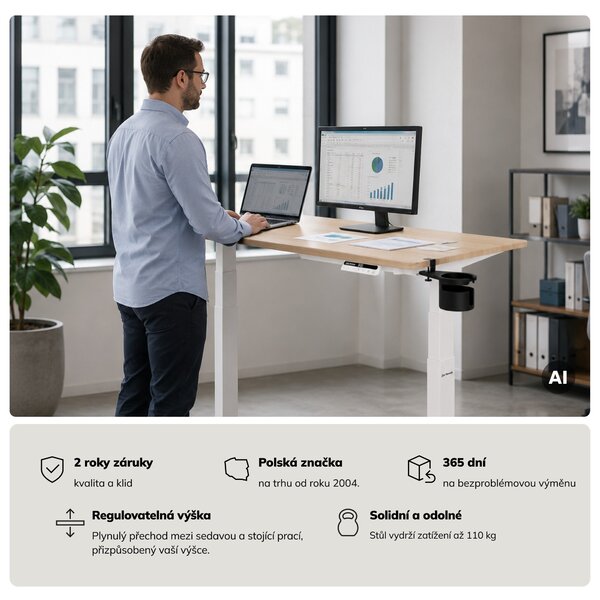 Elektrický stůl s nastavitelnou výškou ergonomický bílý/dub sonoma,1200x600 mm: ARIA