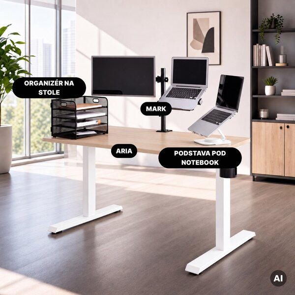 Elektrický stůl s nastavitelnou výškou ergonomický bílý/dub sonoma,1200x600 mm: ARIA