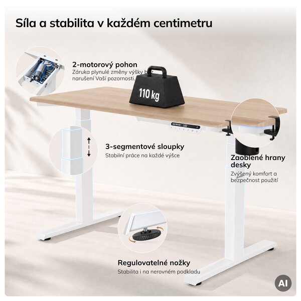 Elektrický stůl s nastavitelnou výškou ergonomický bílý/dub sonoma,1200x600 mm: ARIA