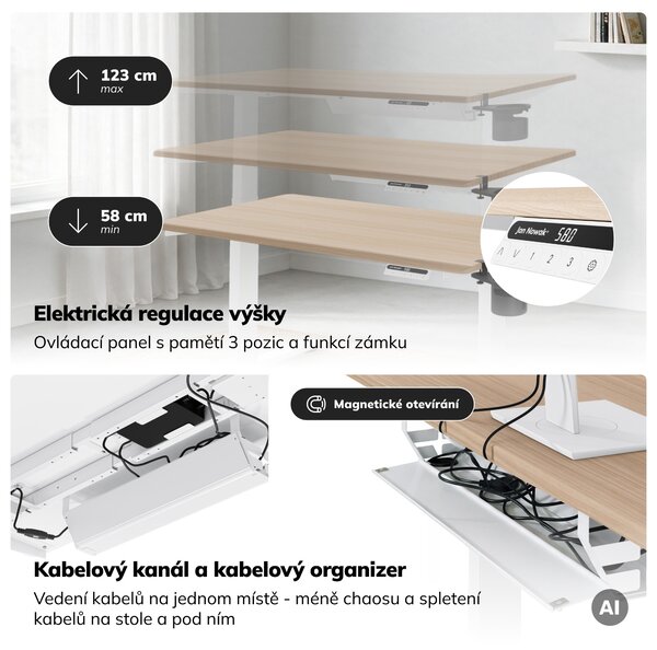 Elektrický stůl s nastavitelnou výškou ergonomický bílý/dub sonoma,1200x600 mm: ARIA