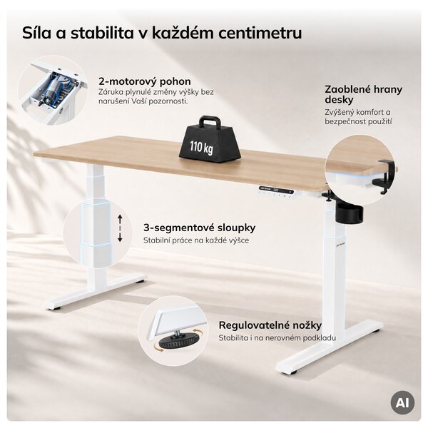 Elektrický stůl s nastavitelnou výškou ergonomický bílý/dub sonoma,1600x800 mm: ARIA