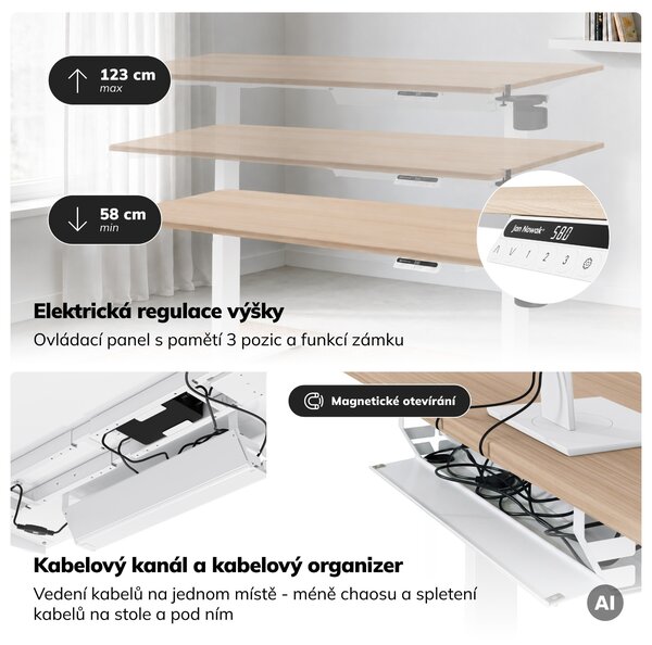 Elektrický stůl s nastavitelnou výškou ergonomický bílý/dub sonoma,1600x800 mm: ARIA