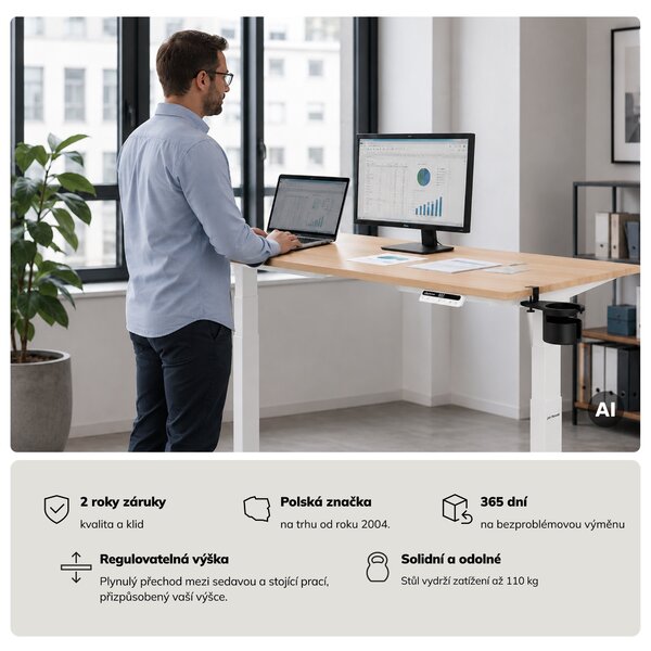 Elektrický stůl s nastavitelnou výškou ergonomický bílý/dub sonoma,1600x800 mm: ARIA