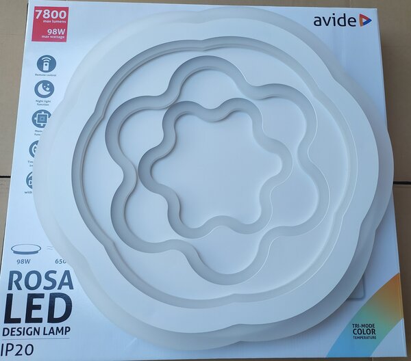 Avide design ROSA - LED stropní svítidlo v bílé barvě s dálkovým ovladačem 3000K - 6400K, 90W, 7684lm (Moderní stropní svítidlo s možností stmívání a změny barvy světla)