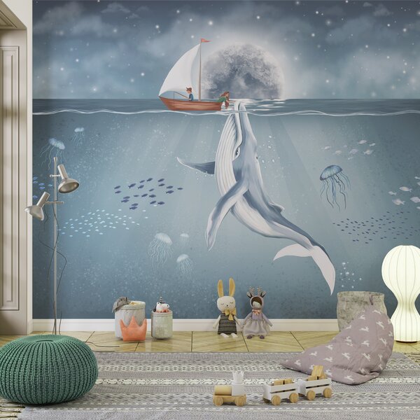 Fototapety Dětský design s velrybou, měsícem a lodí s dětmi, Fototapety dětské, w02476 : uwalls.cz