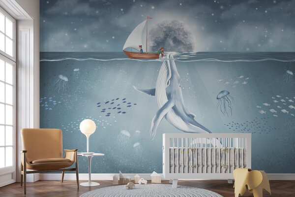 Fototapety Dětský design s velrybou, měsícem a lodí s dětmi, Fototapety dětské, w02476 : uwalls.cz