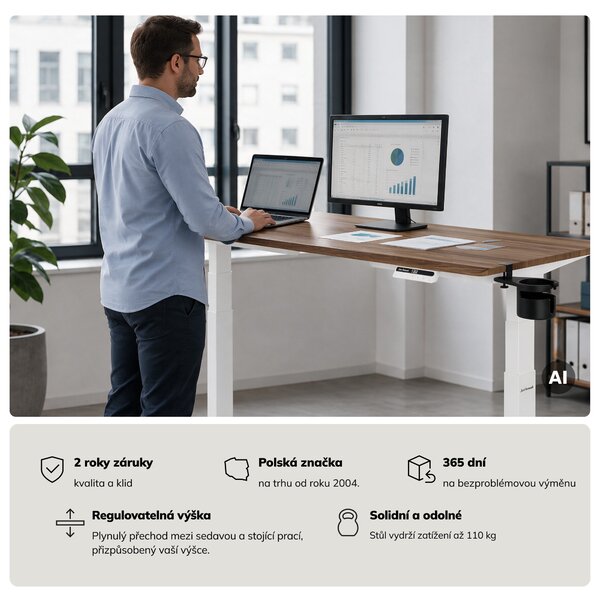 Elektrický stůl s nastavitelnou výškou ergonomický bílý/ořech,1600x800 mm: ARIA