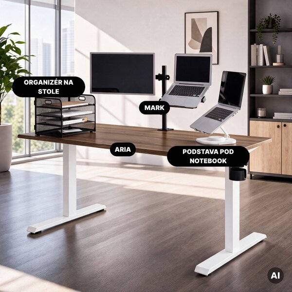 Elektrický stůl s nastavitelnou výškou ergonomický bílý/ořech,1600x800 mm: ARIA