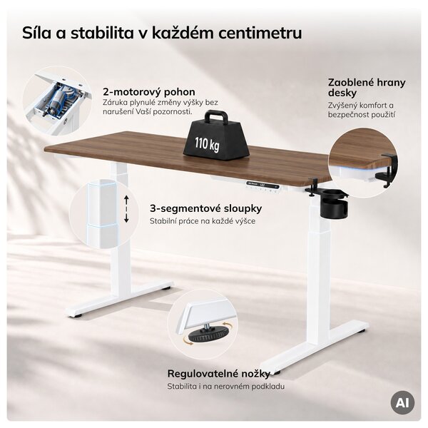 Elektrický stůl s nastavitelnou výškou ergonomický bílý/ořech,1600x800 mm: ARIA