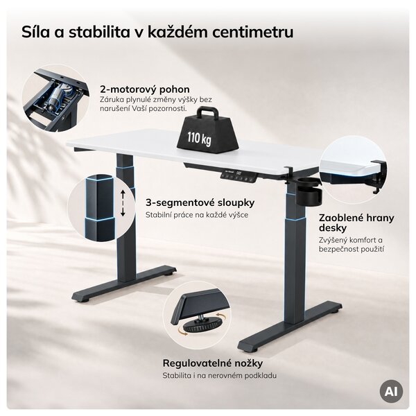Elektrický stůl s nastavením výšky ergonomický antracitově-bílý, 1200x600 mm: ARIA