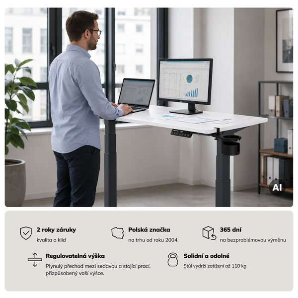Elektrický stůl s nastavením výšky ergonomický antracitově-bílý, 1200x600 mm: ARIA