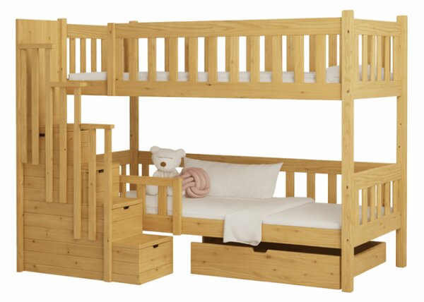 Patrová postel se schody Patricia - více barev Barva: bezbarvý lak, Velikost horní matrace: 200x80 cm, Zábrana na spodní postel: ne