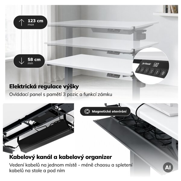 Elektrický stůl s nastavením výšky ergonomický antracitově-bílý, 1200x600 mm: ARIA