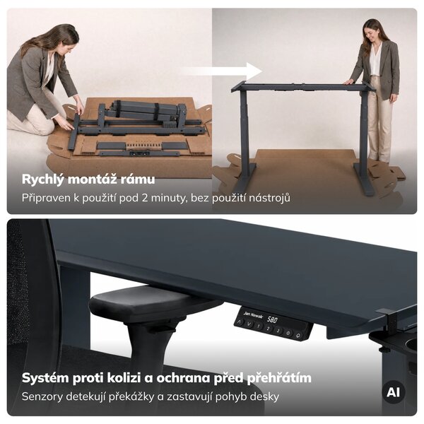 Elektrický stůl s nastavením výšky ergonomický antracitový,1200x600 mm: ARIA