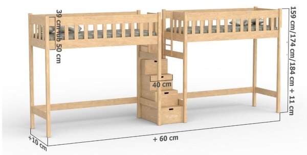 Duo vyvýšená postel se schody 200x90 cm Barva: bezbarvý lak, Velikost matrace: 200x90 cm
