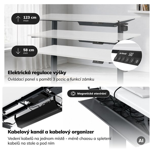 Elektrický stůl s nastavením výšky ergonomický antracitově-bílý, 1600x800 mm: ARIA