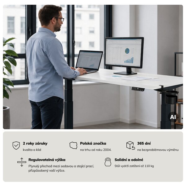 Elektrický stůl s nastavením výšky ergonomický antracitově-bílý, 1600x800 mm: ARIA