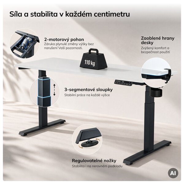 Elektrický stůl s nastavením výšky ergonomický antracitově-bílý, 1600x800 mm: ARIA