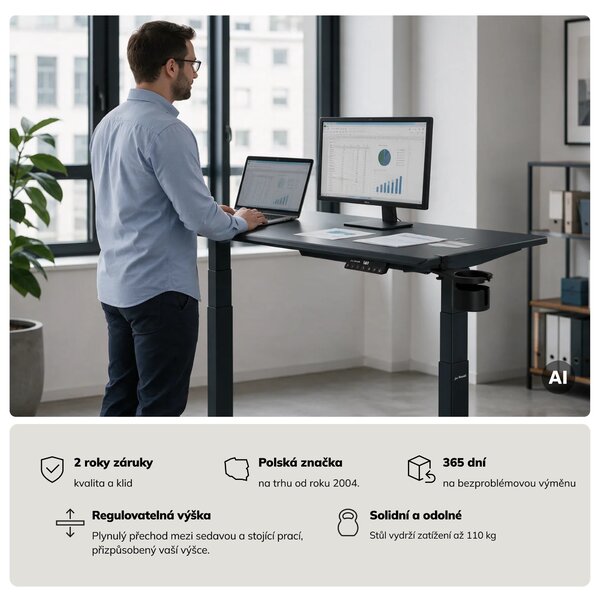 Elektrický stůl s nastavením výšky ergonomický antracitový,1200x600 mm: ARIA