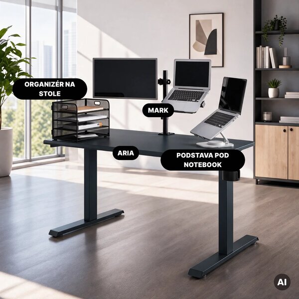 Elektrický stůl s nastavením výšky ergonomický antracitový,1200x600 mm: ARIA