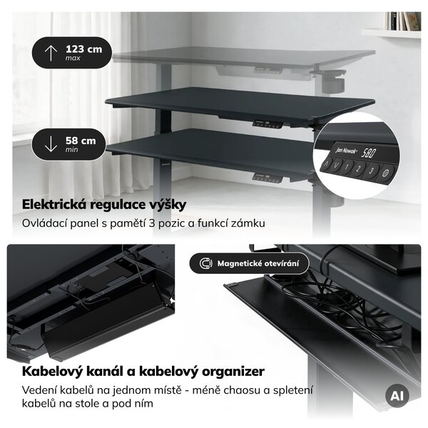Elektrický stůl s nastavením výšky ergonomický antracitový,1200x600 mm: ARIA