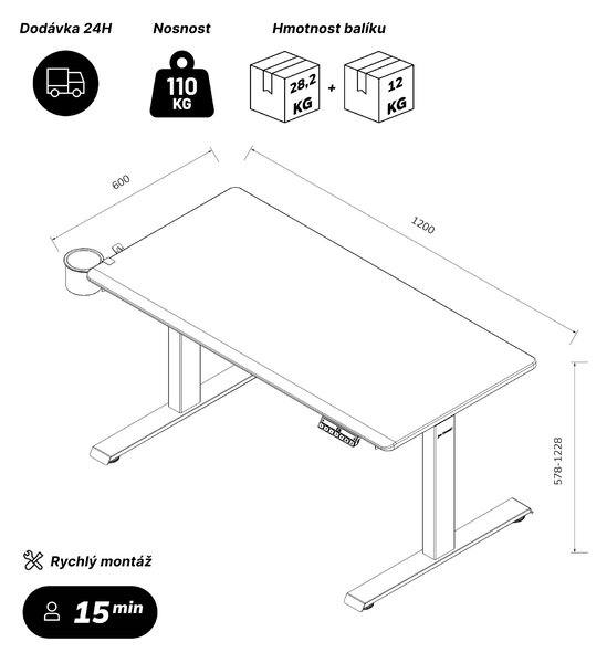 Elektrický stůl s nastavením výšky ergonomický antracitový,1200x600 mm: ARIA