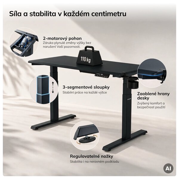 Elektrický stůl s nastavením výšky ergonomický antracitový,1200x600 mm: ARIA