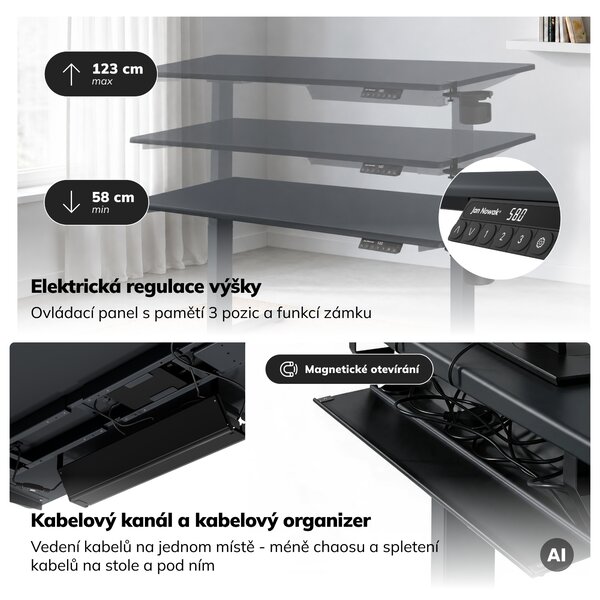 Elektrický stůl s regulací výšky ergonomický antracitový,1400x700 mm: ARIA