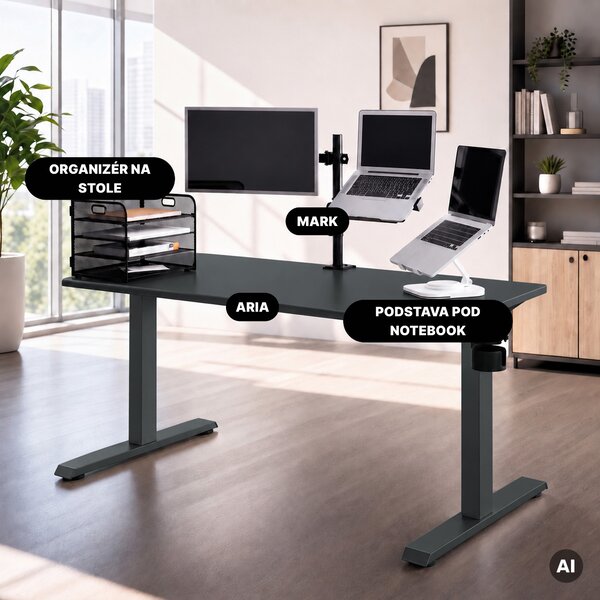 Elektrický stůl s regulací výšky ergonomický antracitový,1400x700 mm: ARIA