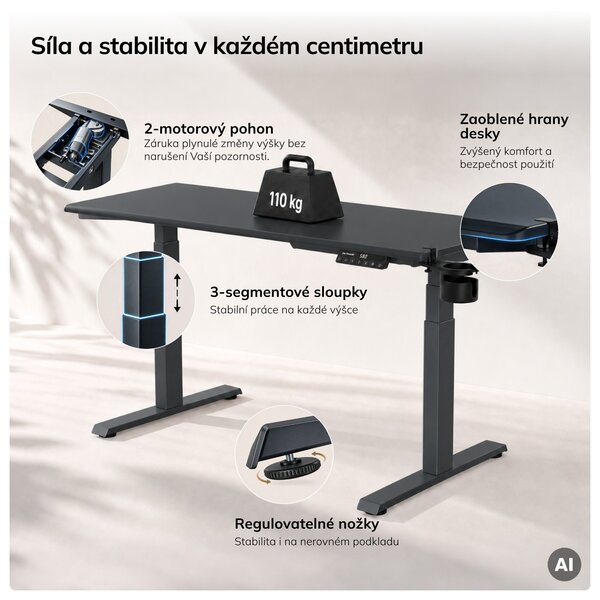 Elektrický stůl s regulací výšky ergonomický antracitový,1400x700 mm: ARIA