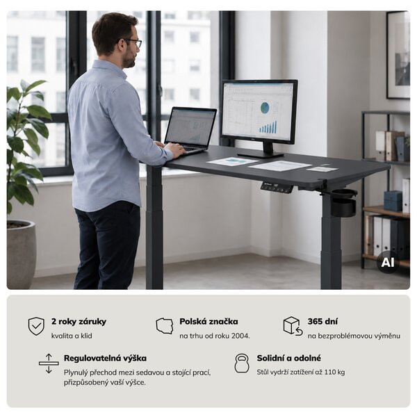 Elektrický stůl s regulací výšky ergonomický antracitový,1400x700 mm: ARIA