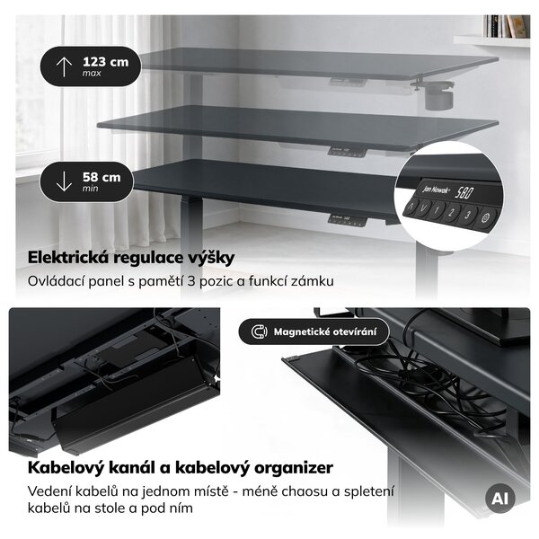 Elektrický stůl s regulací výšky ergonomický antracitový,1600x800 mm: ARIA