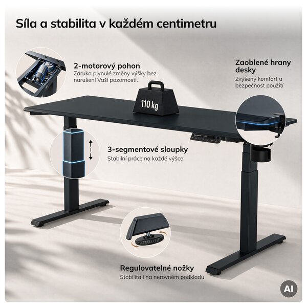 Elektrický stůl s regulací výšky ergonomický antracitový,1600x800 mm: ARIA
