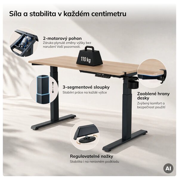 Elektrický stůl s regulací výšky ergonomický antracitový/dub sonoma,1200x600 mm: ARIA