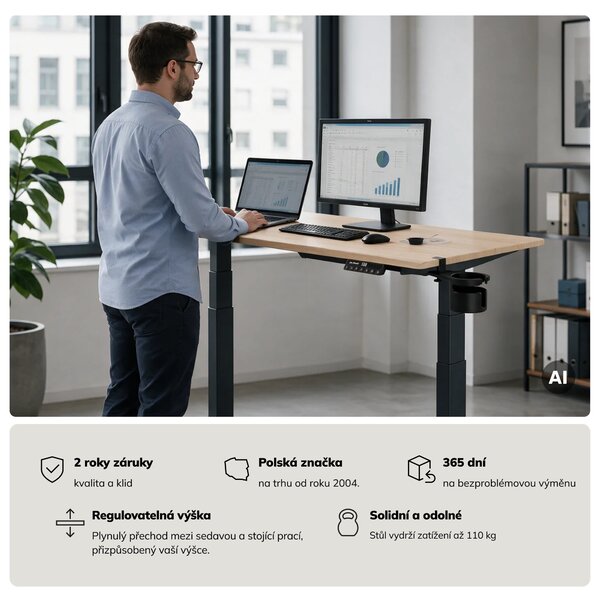 Elektrický stůl s regulací výšky ergonomický antracitový/dub sonoma,1200x600 mm: ARIA
