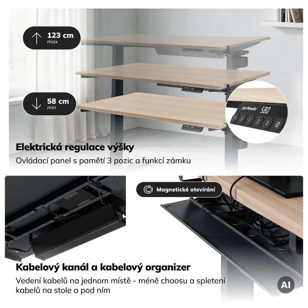 Elektrický stůl s regulací výšky ergonomický antracitový/dub sonoma,1200x600 mm: ARIA