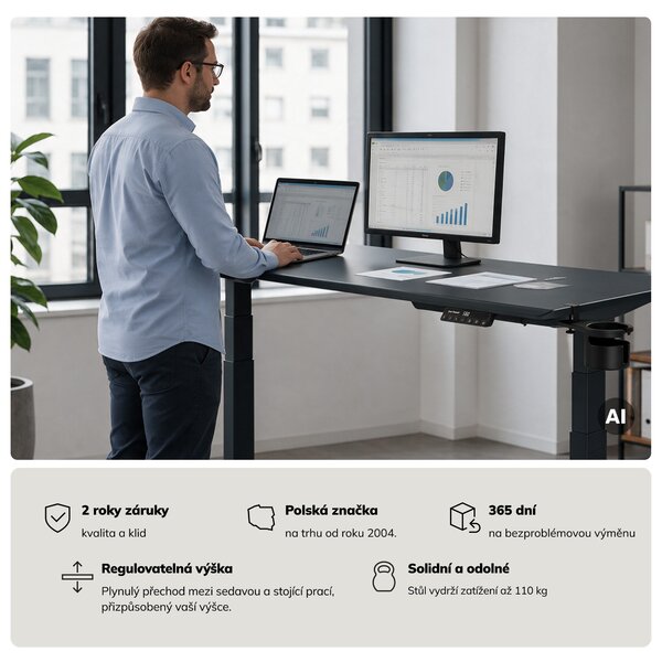 Elektrický stůl s regulací výšky ergonomický antracitový,1600x800 mm: ARIA