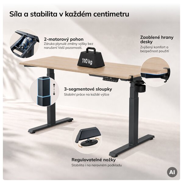 Elektrický stůl s regulací výšky ergonomický antracitový/dub sonoma,1400x700 mm: ARIA