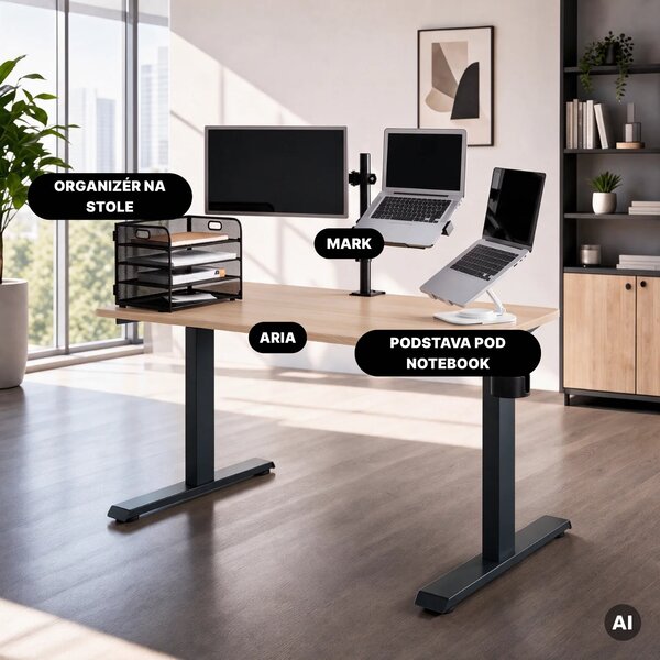 Elektrický stůl s regulací výšky ergonomický antracitový/dub sonoma,1400x700 mm: ARIA