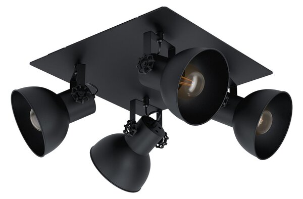 Eglo 43434 BARNSTAPLE 1 - Stropní industriální bodovka v černé barvě 4 x E27, 45 x 45cm (Industriální náklopné bodové svítidlo na strop)