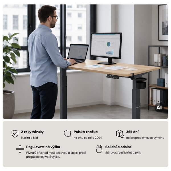 Elektrický stůl s regulací výšky ergonomický antracitový/dub sonoma,1400x700 mm: ARIA