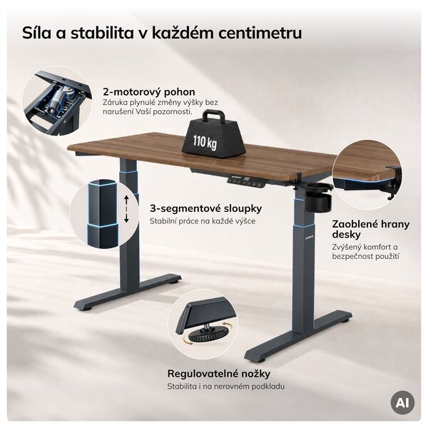 Elektrický stůl s regulací výšky ergonomický antracitový/ořech,1200x600 mm: ARIA