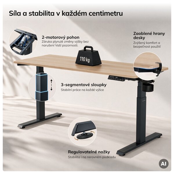 Elektrický stůl s regulací výšky ergonomický antracitový/dub sonoma,1600x800 mm: ARIA