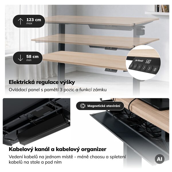 Elektrický stůl s regulací výšky ergonomický antracitový/dub sonoma,1600x800 mm: ARIA